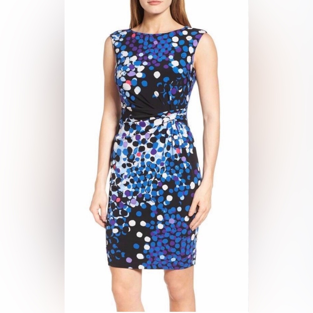 Ann Klein Bluebell Polka Dot Side Twist Stretch Jersey Sheath Dress